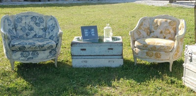 Blue and White Chenille Fabric and Yellow and White Chenille, French Chairs, white Carved Wood
